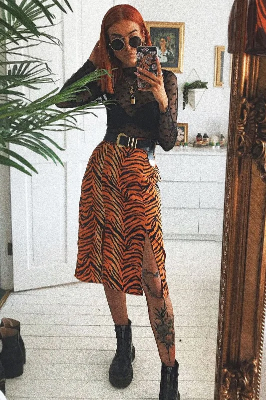 Wool Dresses for Warmth -Orange Tiger Print Split Front Midi Skirt - Jayne