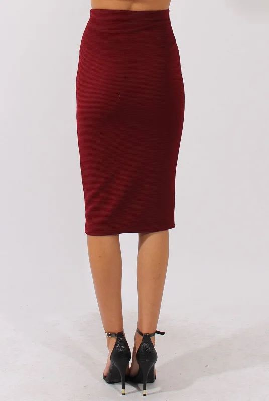 Pencil Dresses for Slimming -Wine Ribbed High Waisted Midi Skirt - Della