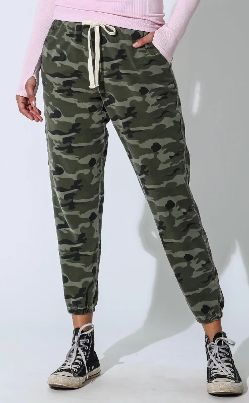 Black leather tight trousers for women with sleek, glossy finish for night out -Ester Sweatpant In Camo Print