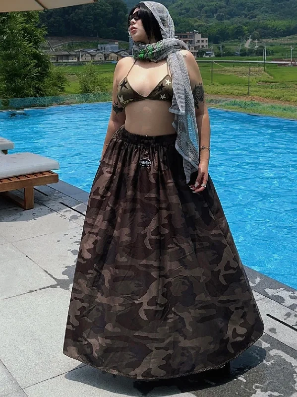 Spandex Dresses for Flexible -Michelle Grey Camo Plus Size Vintage Camouflage A-Line Long Skirt