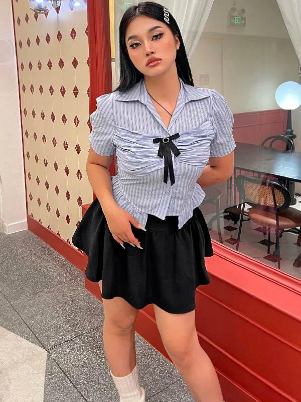 Long-sleeved Dresses for Coverage -Jennie Plus Size Blue Stripe Short Sleeve Bow Silver Brooch Button Up Top + Plus Size Solid Color High Waist Pleated Mini Skirt Cute Matching Set