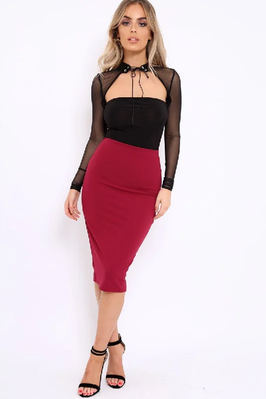 Beaded Dresses for Glamour -Wine Midi Bodycon Skirt - Tiffy