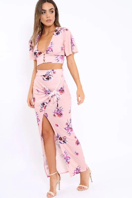 Prom Dresses for School Dance -Pink Floral Print Split Maxi Skirt- Shayna