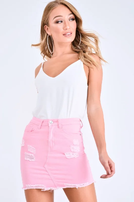 One-shoulder Dresses for Trendy -Pink Distressed Denim Skirt - Blakelyn