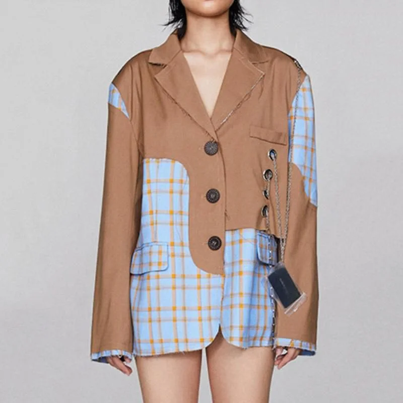 Blazers with leather accents feel edgy now -Chic Winter Checkered Blazer with Chain Accent for Women