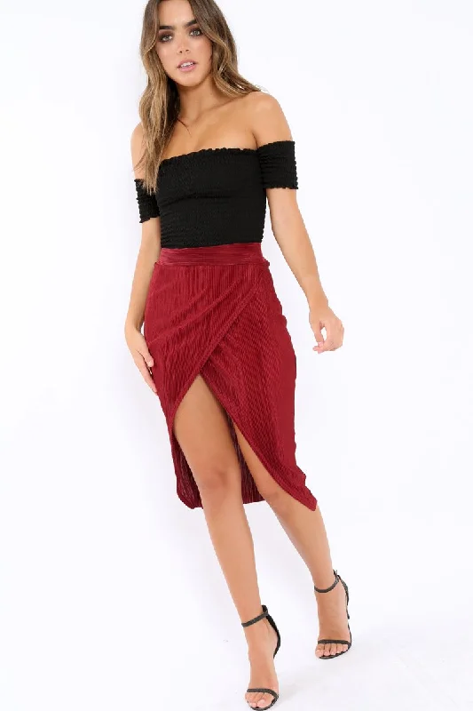 Ruffled Dresses for Girly -Wine Pleated Wrap Over Skirt - Monica