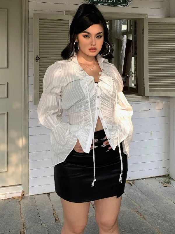 Strapless Dresses for Glamorous -Jenna Solid Color See Through White Long Puffed Sleeve Button Up Shirt + Black High Waist Mini Skirt Matching Set