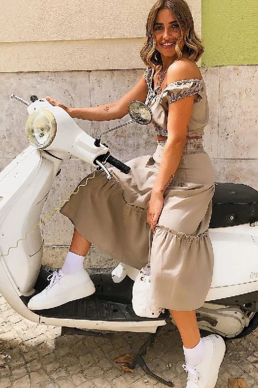 Leather Dresses for Luxury -Taupe Ruffle Linen Maxi Skirt - Melodia