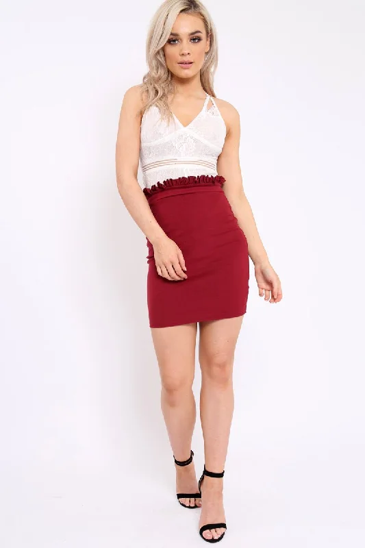 Satin Dresses for Shiny Look -Wine Suedette Ruffle Hem Mini Skirt - Abagail