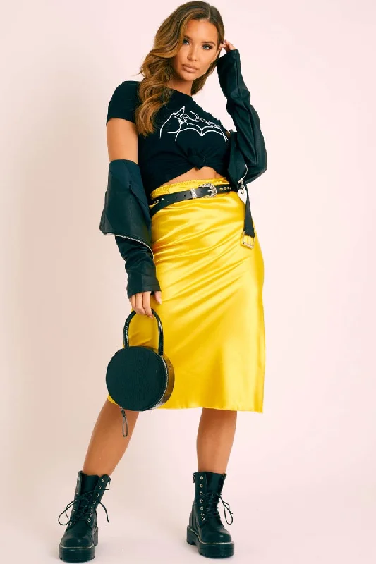 Abstract Dresses for Creative -Mustard Satin High Waist Floaty Midi Skirt - Dasha