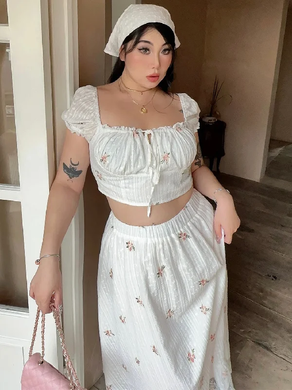 Leather Dresses for Luxury -Lionelle Plus Size White French Floral Square Neck Short Puffed Sleeve Cropped Top + High Waist Long Flowing Skirt Matching Set