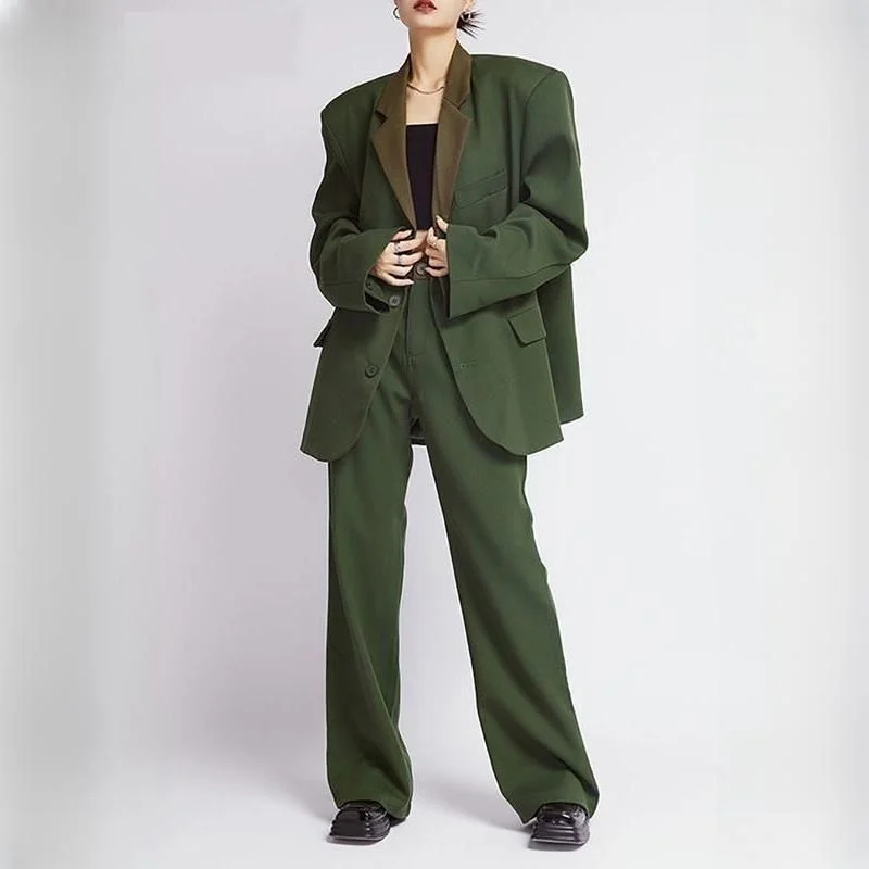 Blazers with bold stripes catch every eye -Women's Green Blazer and Loose Pants Suit