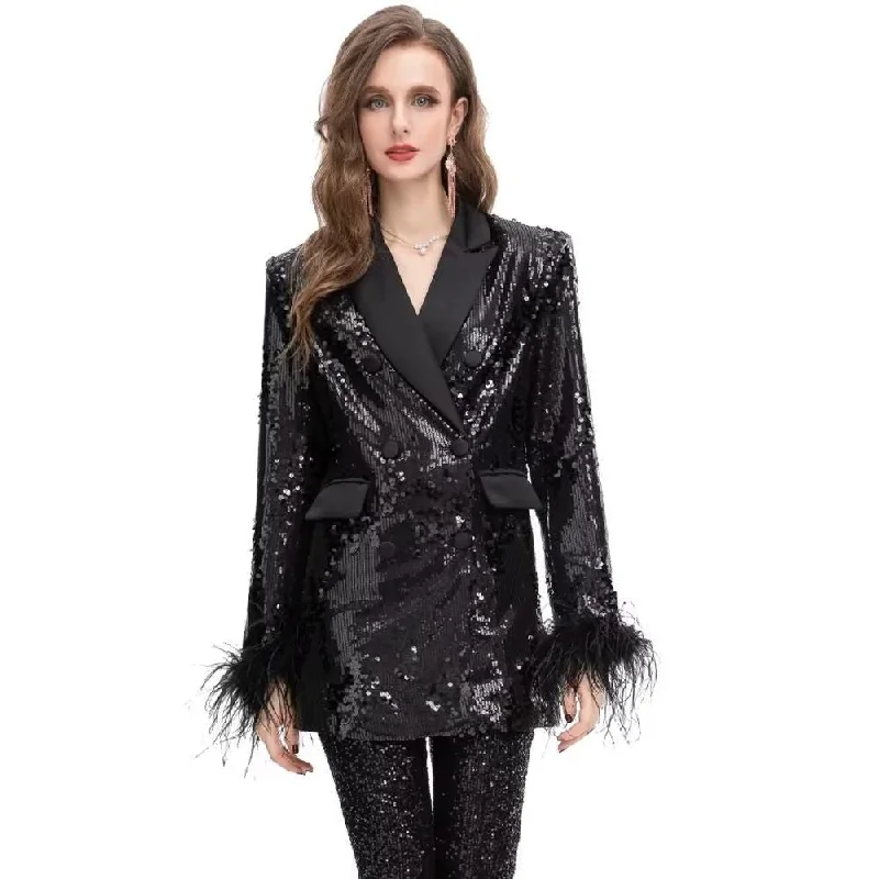 Blazers featuring plaid designs bring classic charm -Elegant Feather Sequin Blazer