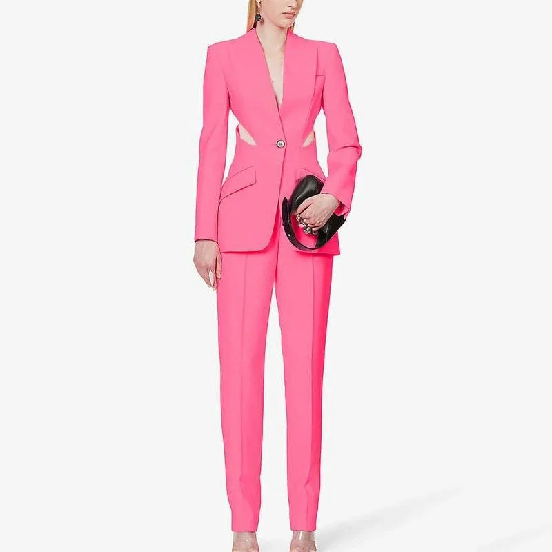 Cotton blazers for everyday wear stay comfy -Elegant Hollow Out Two-Piece Blazer and Pant Set for Women