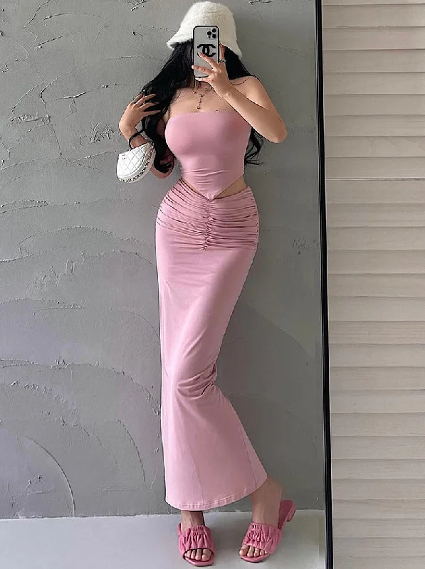 Presila Solid Color Sleeveless Slim Bandeau Tube Top + Solid Color Pleated High V-Waist Back Slit Long Slim Skirt Matching Set