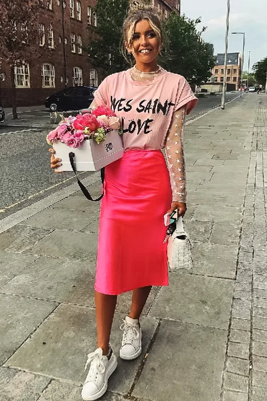 Ball Gown Dresses for Glamour -Neon Pink Satin High Waist Floaty Midi Skirt - Dasha