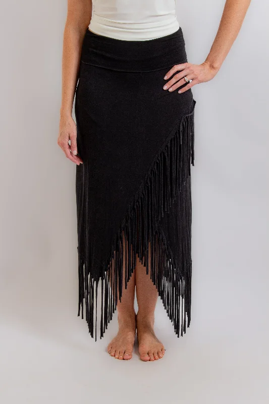 Capri Dresses for Playful -Charcoal Asymmetrical Fringe Skirt