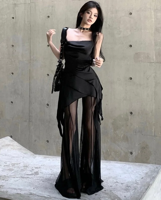 Cocktail Dresses for Party Time -Vienna Solid Color Black Spaghetti Strap Pleated Square Neck Asymmetrical Top + High Waist Patchwork Long Sheer Skirt Pants Matching Set