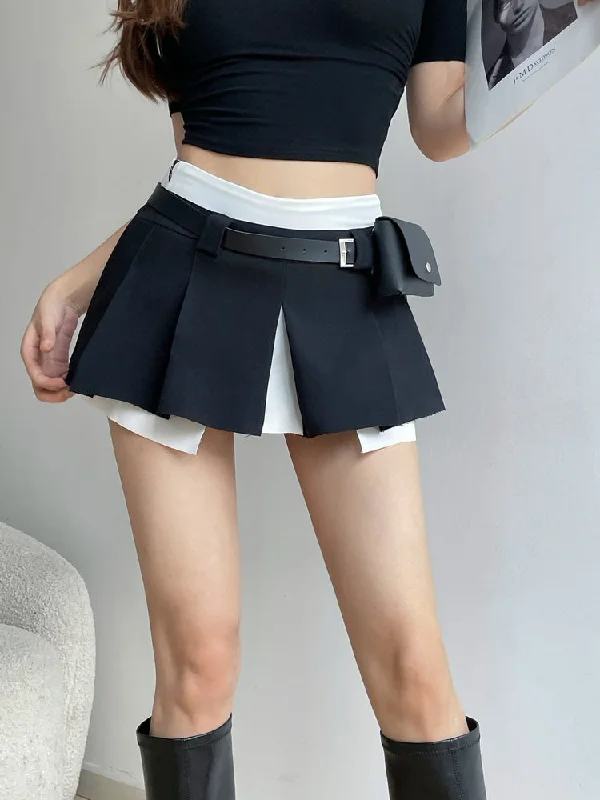 Gothic Dresses with Dark Tone -Latisha Contrast Color Preppy Style High Waist Pack Fake Two Pleated Split Mini Skirt