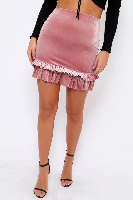 Modern Dresses for Trendy -Mauve Velvet Frill Hem Mini Skirt - Vicky