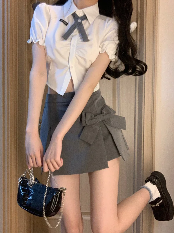 Strapless Dresses for Glamorous -Kumi Solid Color White Bow Necktie Short Sleeve Button Up Cropped Shirt + High Waist Faux Side Slit High Waist Boe Patchwork Mini Skirt Matching Set