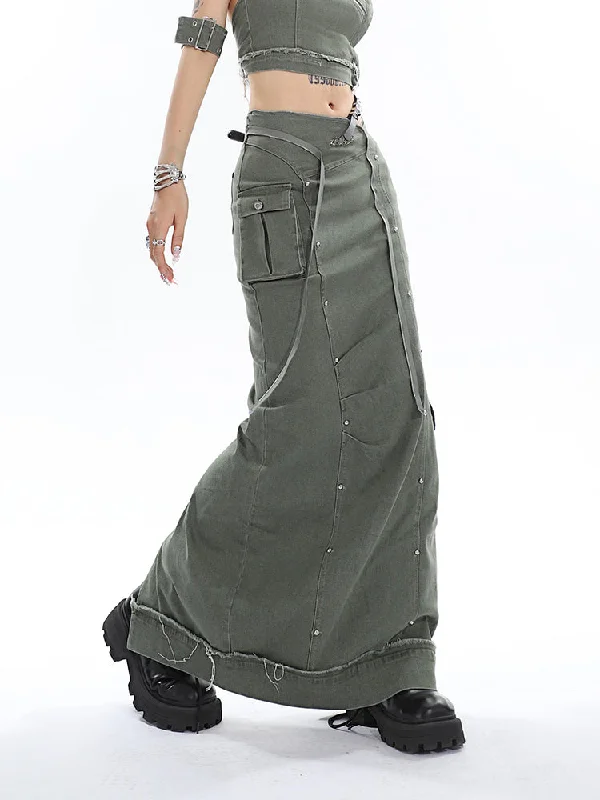 Sleeveless Dresses for Coolness -Joy Solid Color Denim Patchwork Multi-Pocket High Waist Long Cargo Skirt