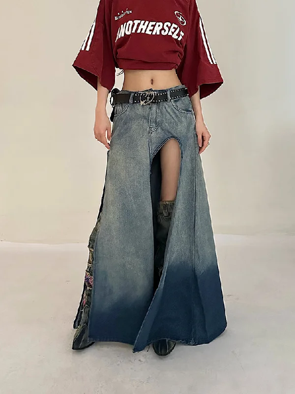 Valentine's Day Dresses for Romance -Lienna Denim Gradient Blue Low Waist Asymmetrical Cut-Out Side Slit Long Jeans Skirt