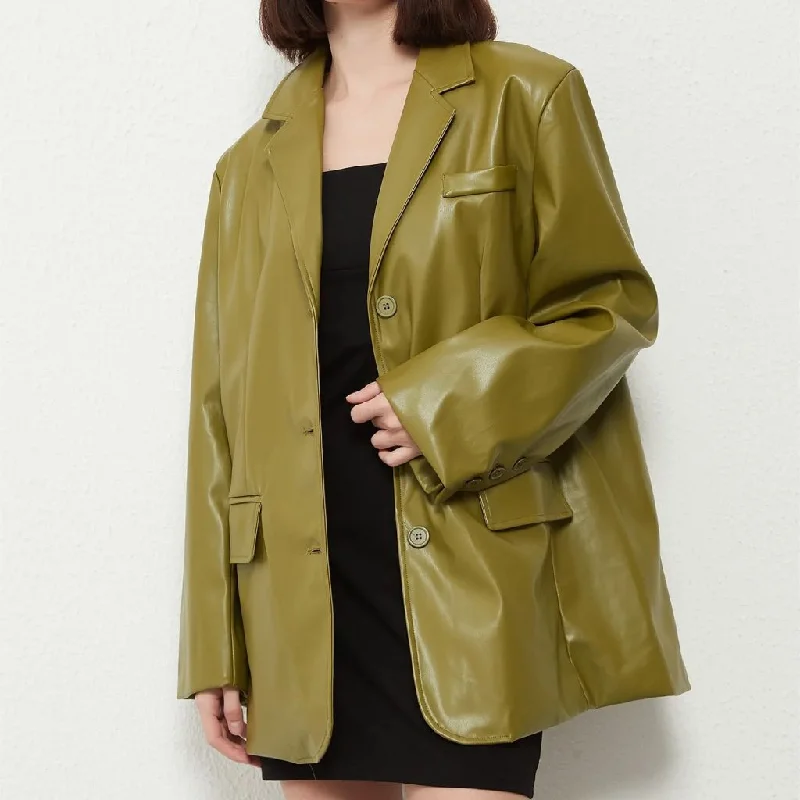 Blazers with structured shoulders exude confidence -Leather Blazer Coat - Vintage Green Single Breasted