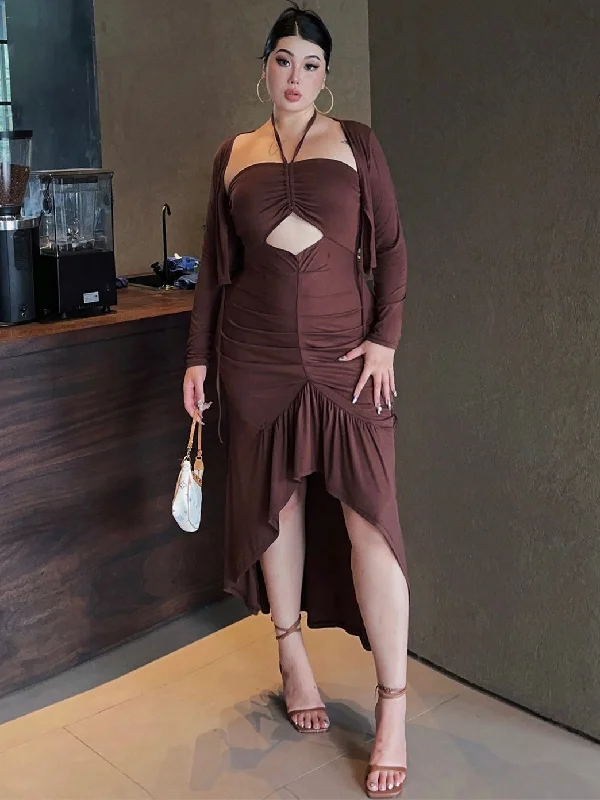 Yellow Dresses for Bright -Leena Plus Size Solid Color Brown Halter Cut Out Ruched Long Slim Dress + Long Sleeve Brown Caardigan Set