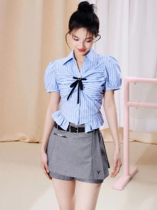 Pink Dresses for Feminine -Jennie Blue Stripe Short Sleeve Bow Silver Brooch Button Up Top + Solid Color High Waist Pleated Mini Skirt Cute Matching Set