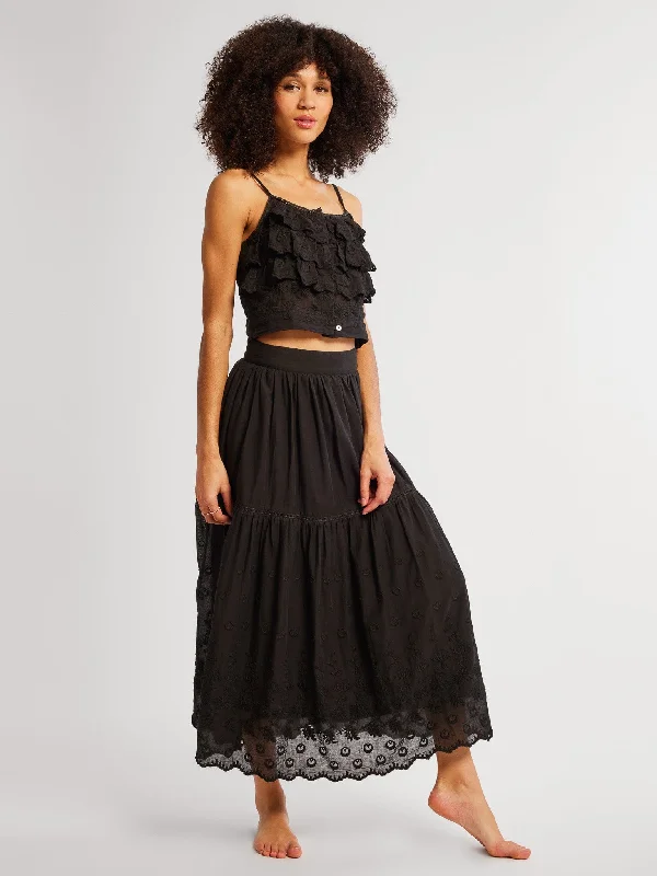 Tiered Dresses for Voluminous -Betty Skirt in Black Petal Embroidery