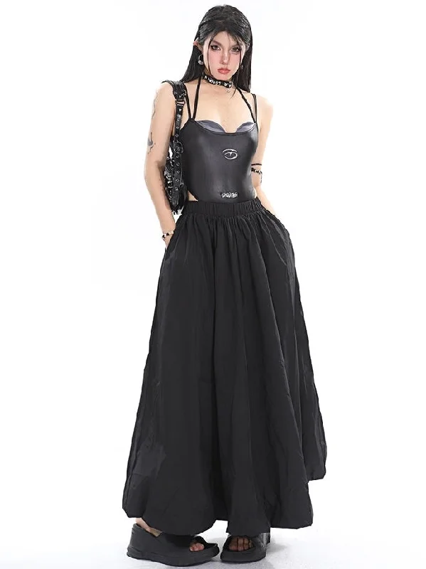 Patchwork Dresses for Bohemian -Jenna Solid Color High Waist Baggy Loose Parachute Cargo Long Skirt