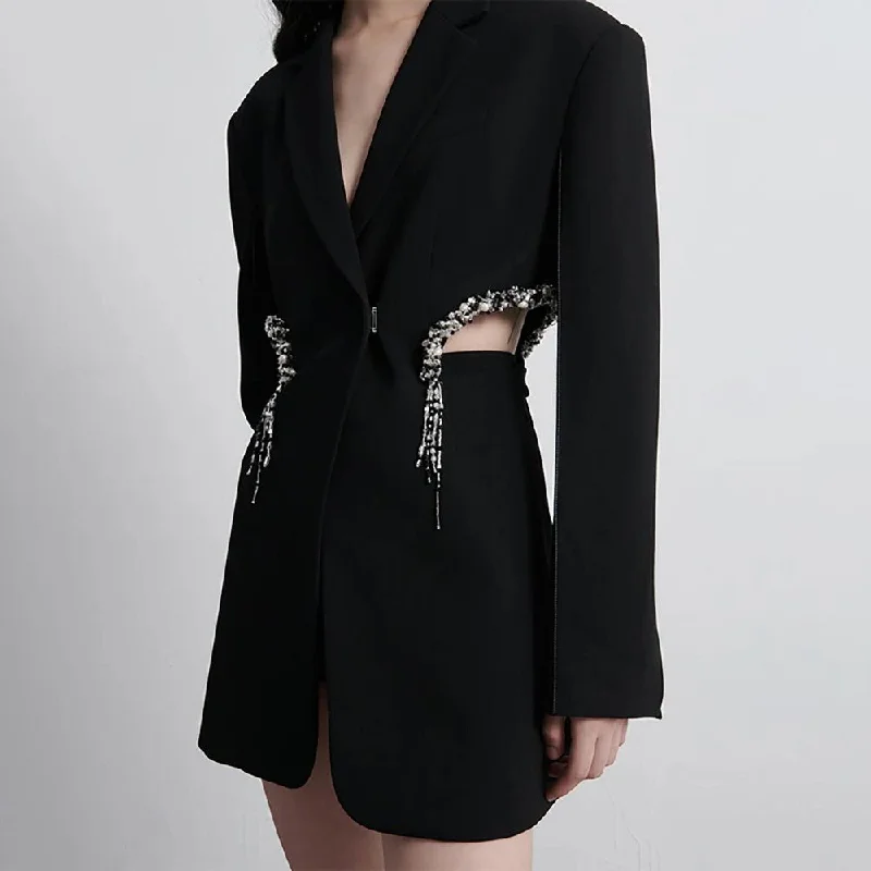 Double-breasted blazers for formal events shine -Elegant Hollow Out Crystal-Embellished Women's Blazer