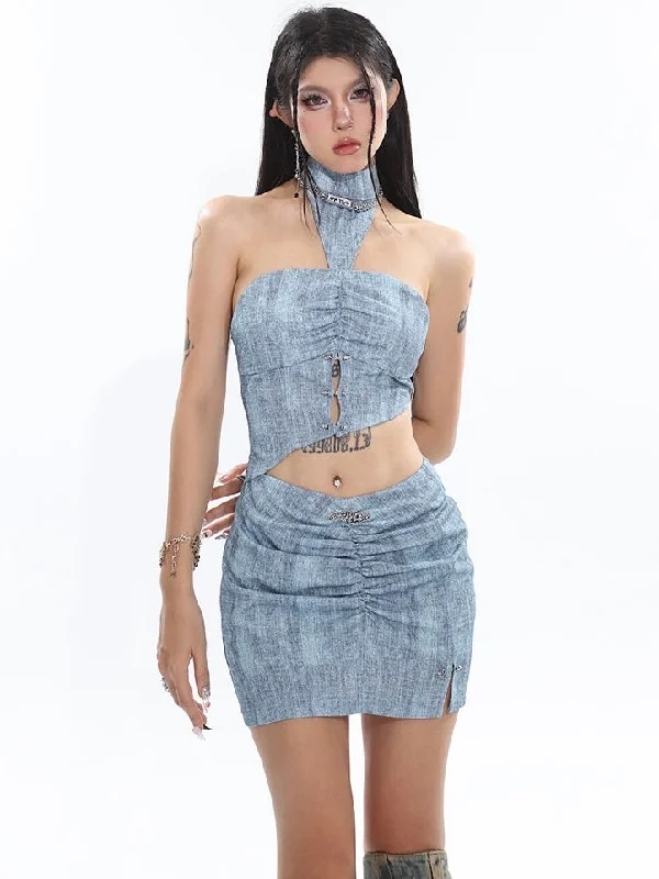 Shift Dresses for Simple Look -Sloan Blue Halter Neck Cut Out Asymmetrical Bandeau Top + High V-Waist Pleated Slim Mini Skirt Matching Set