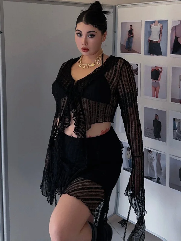 Flared Dresses for Retro -Kiara Plus Size Solid Color Sheer Plus Size V-neck Tulle Long Sleeve Cropped Top + High Waist Sheer Mini Skirt Matching Set