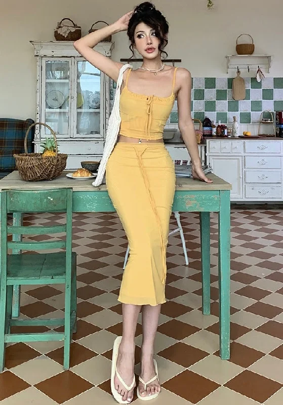 Geometric Dresses for Modern -Lesly Solid Color Yellow Spaghetti Strap Slim Cropped Top + High Waist Slim Midi Skirt Matching Set