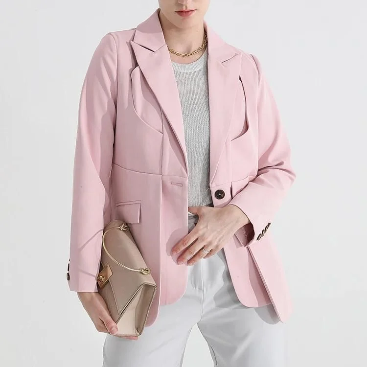 Blazers in pastel shades soften any look -Women's Solid Color Blazer with Notched Collar and Unique Folds