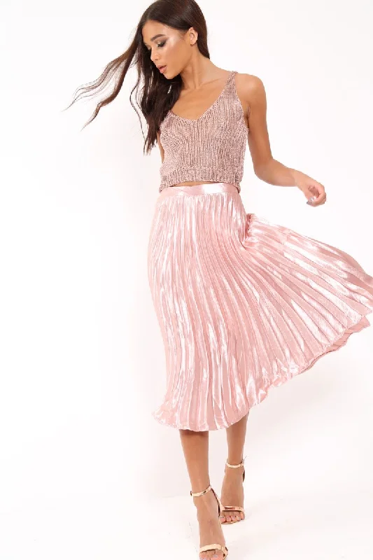 Resort Dresses for Vacation -Nude Satin Pleated Midi Skirt - Kelyn