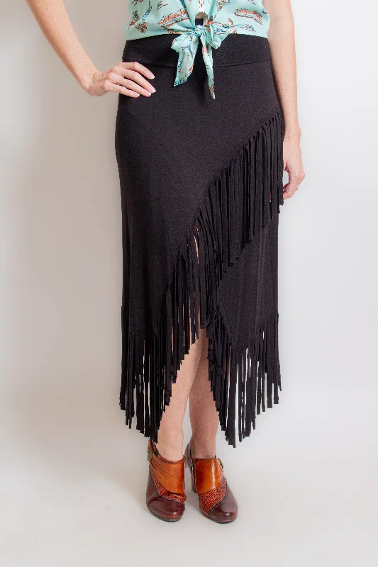 Embroidered Dresses for Detailed -Black Asymmetrical Fringe Skirt