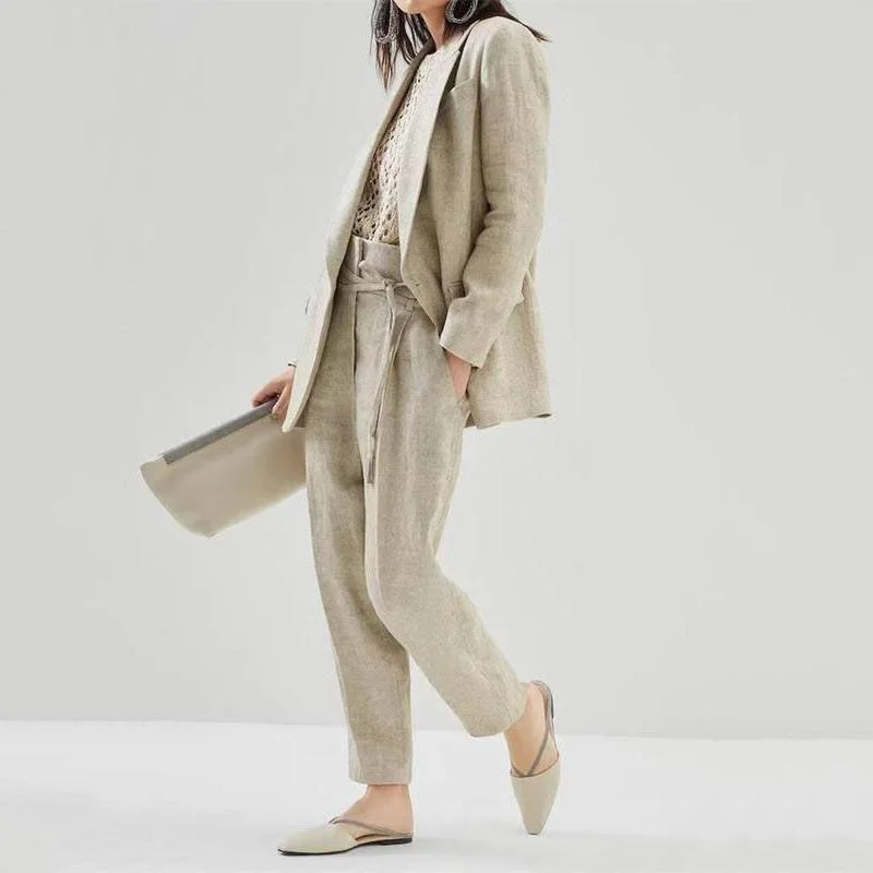 Blazers with wide lapels make big impacts -Elegant Cotton Linen Women's Blazer and Pants Set