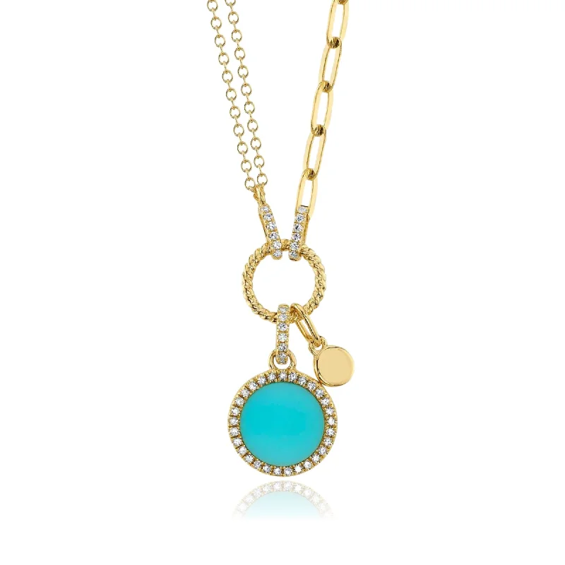 Unique necklaces and pendants with engraved messages for a sentimental gift-SHY CREATION 14K YELLOW GOLD COMPOSITE TURQUOISE AND DIAMOND CIRCLE NECKLACE