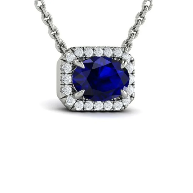 Stunning necklaces and pendants with sapphire gemstones for a luxurious blue hue-14K WHITE GOLD EAST-WEST OVAL SAPPHIRE AND DIAMOND HALO NECKLACE 0.20CTW