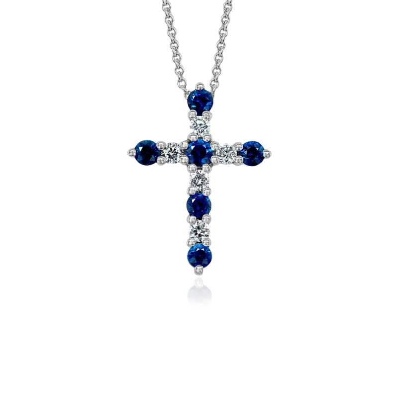 Beautiful necklaces and pendants with geometric shapes for a modern, artistic design-14K WHITE GOLD DIAMOND SAPPHIRE CROSS NECKLACE