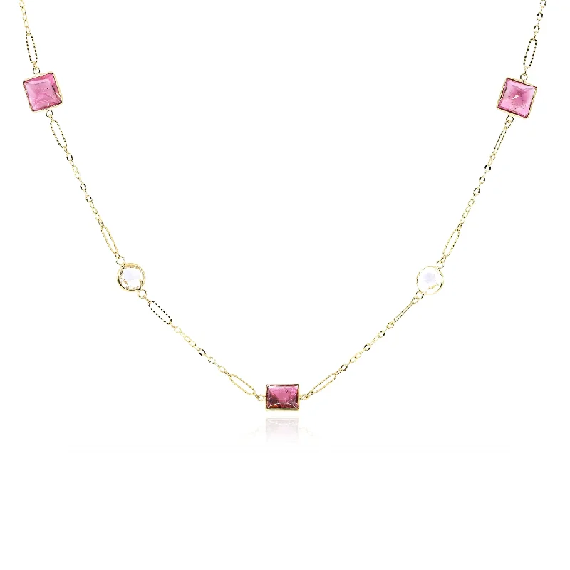 Layered necklaces and pendants for a trendy and fashionable stacked look-18K YELLOW GOLD PINK TOURMALINE AND WHITE TOPAZ NECKLACE