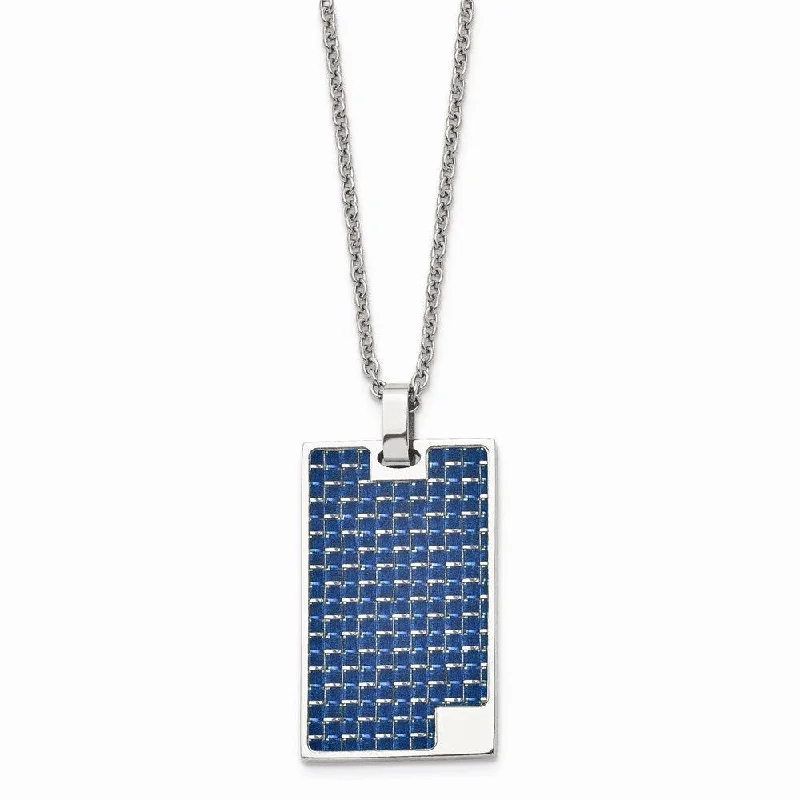 Best necklaces and pendants with heart-shaped designs for a romantic look-Stainless Steel Polished with Blue Carbon Fiber Inlay Dog Tag Necklace